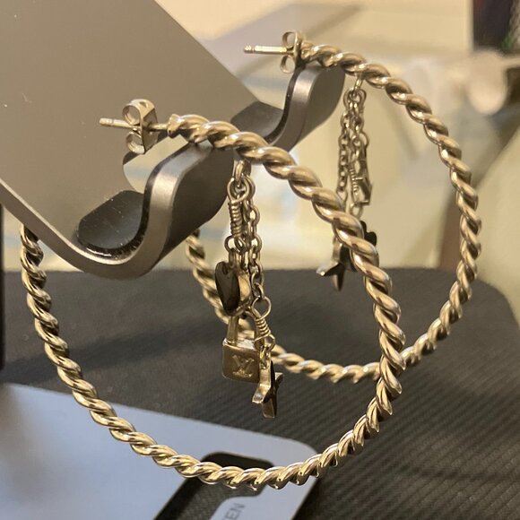 Louis Vuitton Silver Hoop Earrings Sweet Monogram Large Authentic - Picture 2 of 6